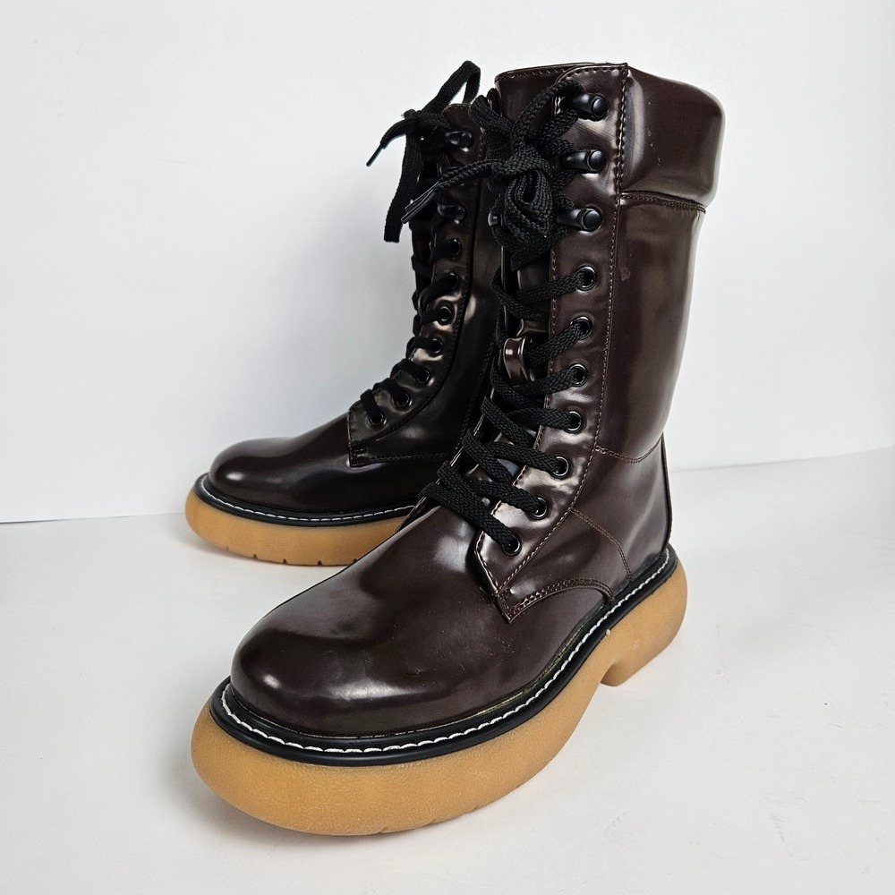 Womens Dream Pairs Shiny Brown Lace-Up Mid-Calf Combat Boots Size 7